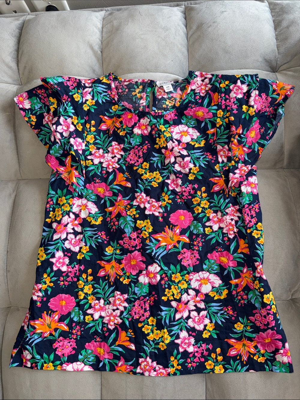 J. Crew Navy Floral Cap-Sleeve Top